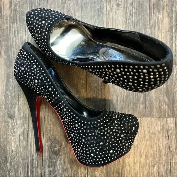 Alba Red Sole Black Suede Silver Rhinestone Platform Stiletto High Heels 8.5