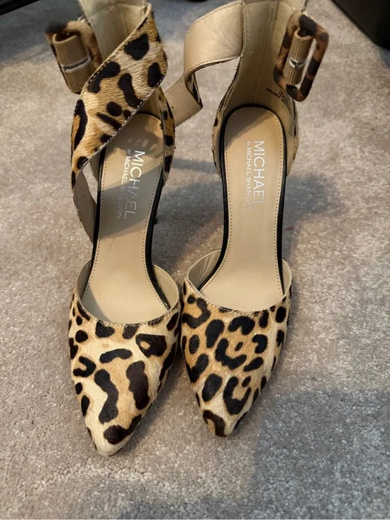 Michael Shannon Leopard Print Pointed-Toe Ankle Strap Pumps