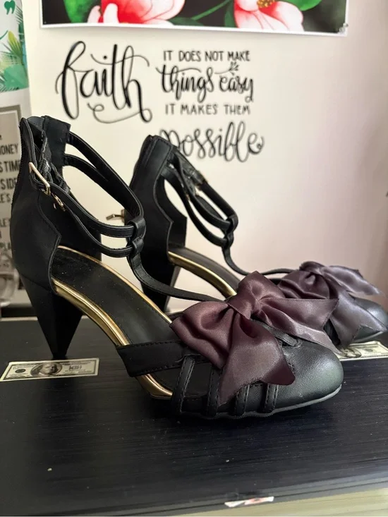 Avon Black Strappy Heels with Purple Satin Bow