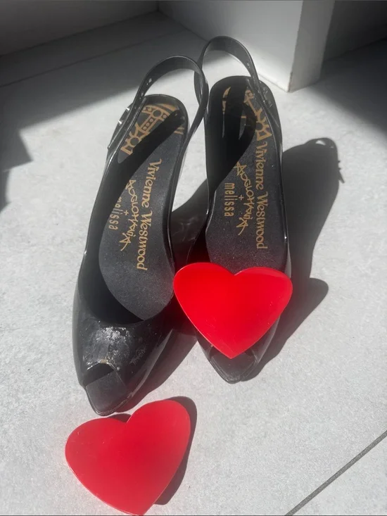 Vivienne Westwood Black Slingback Peep-Toe Flats with Red Heart see pictures