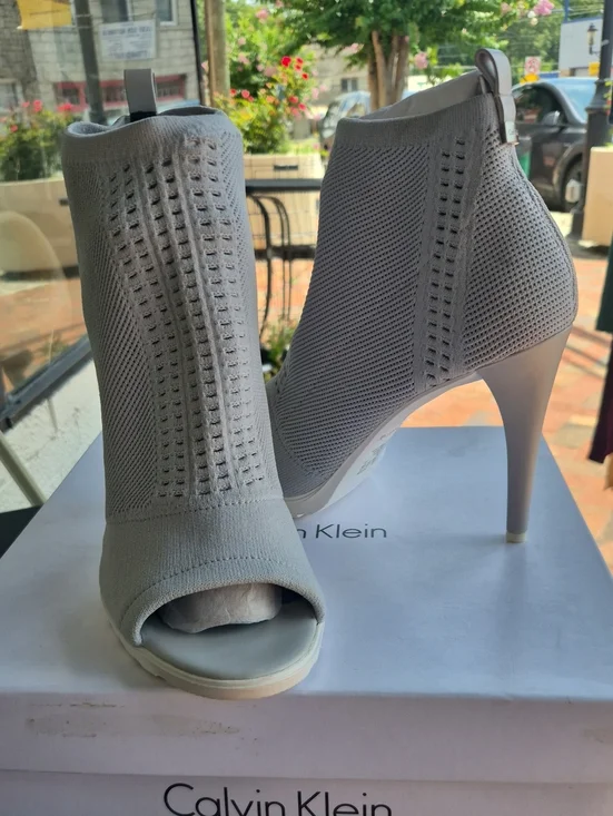 Calvin Klein Light Gray Knit Peep-Toe Stiletto Booties
