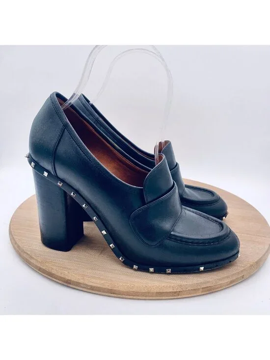 Vintage Valentino Block Heels Womens 7.5 Black Leather Studded Whimsygoth y2k
