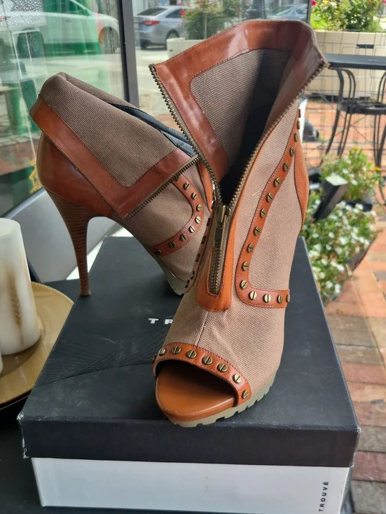 Trouve Tan and Brown Studded Peep-Toe Stiletto Booties
