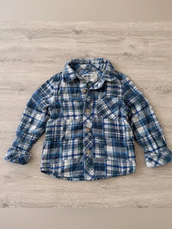OshKosh B’gosh Plaid Flannel Shirt Jacket Boys 3T Blue Green Button Down