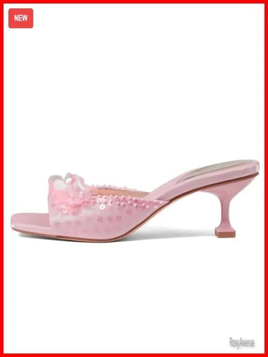 Stiletto Low Heeled Mule Sandals Sequin Square Toe Slip On Trendy Party Wedding