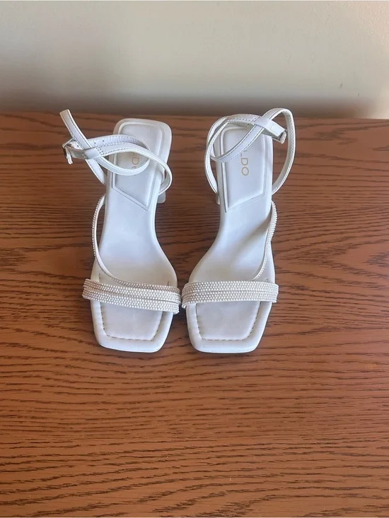 ALDO White Beaded Square-Toe Ankle Strap Heels