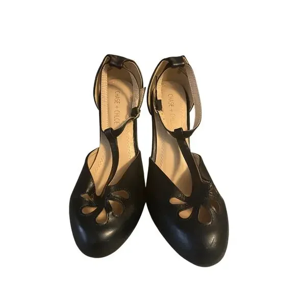 Chase Chloe Black Faux Leather  T  Strap  Heels Size 8.5