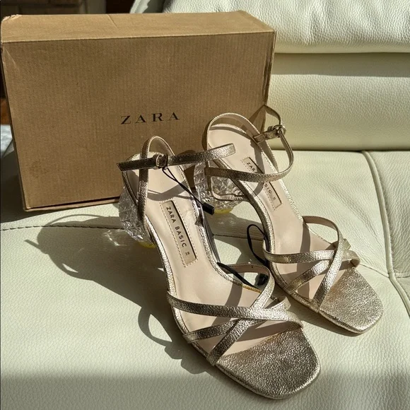 Zara‎ Gold Strappy Heels With Crystal Block