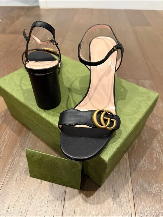 Gucci Black Leather Block Heel Sandals with Gold Double G Buckle