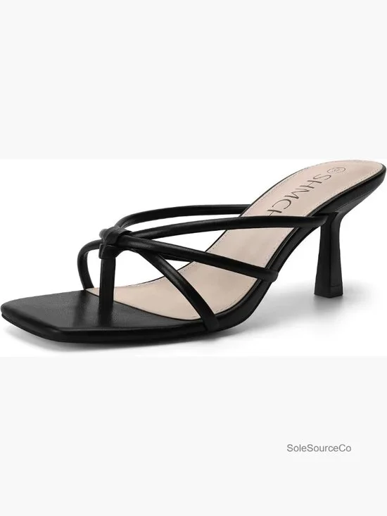 Square Toe Strappy Thong Kitten Heel Sandals