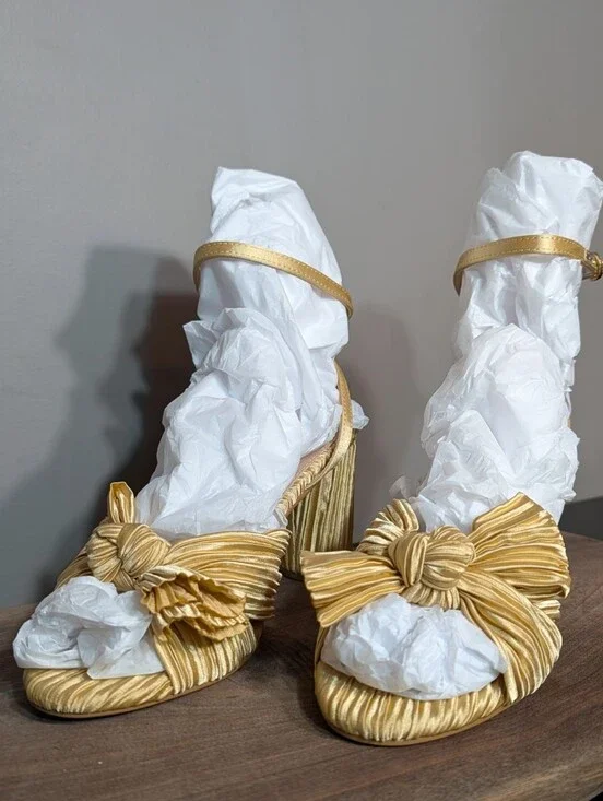Gold Yellow Pleated Knot-Accent High Heel Sandals - Women