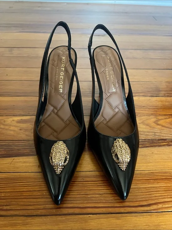 Kurt Geiger Belgravia Eagle Slingback Pumps Black Leather Pointed Toe Heel 38.5