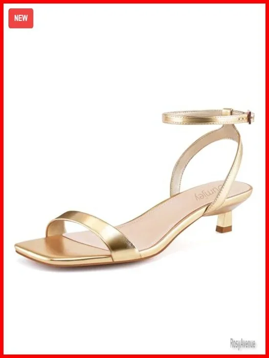 Gold Kitten Heeled Sandals Square Open Toe Ankle Strap Sandals
