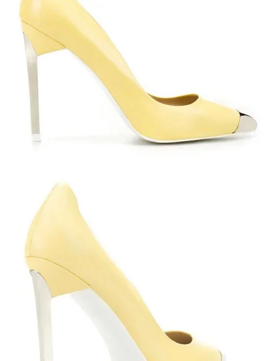 ZARA Woman Leather Butter Yellow Cap Toe Metal Stiletto Heels Pumps EU39/8.5