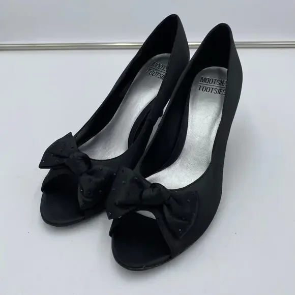 Mootsie + Tootsie Women's Black Satin Rhinestone Bow Peep Toes Heels Size 9