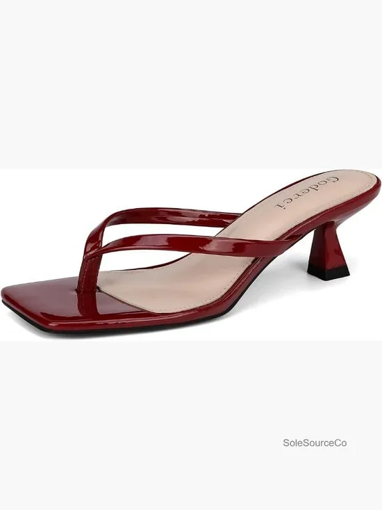 Women's Kitten Heel Flip Flop Sandals Square Open Toe Slip On Heeled