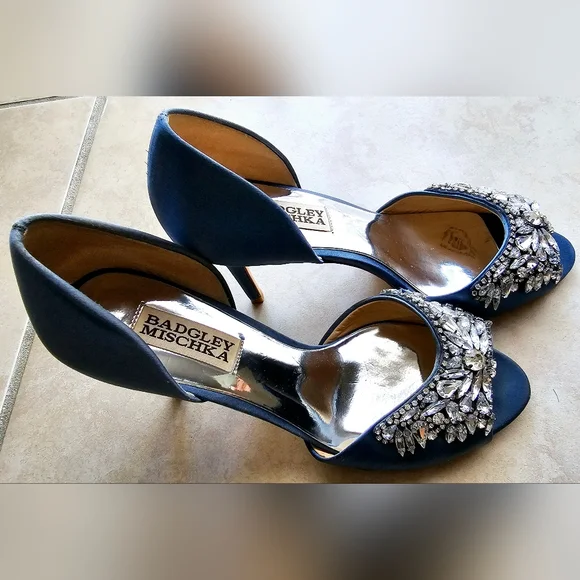 Badgley Mischka Navy Satin Crystal Embellished Heels