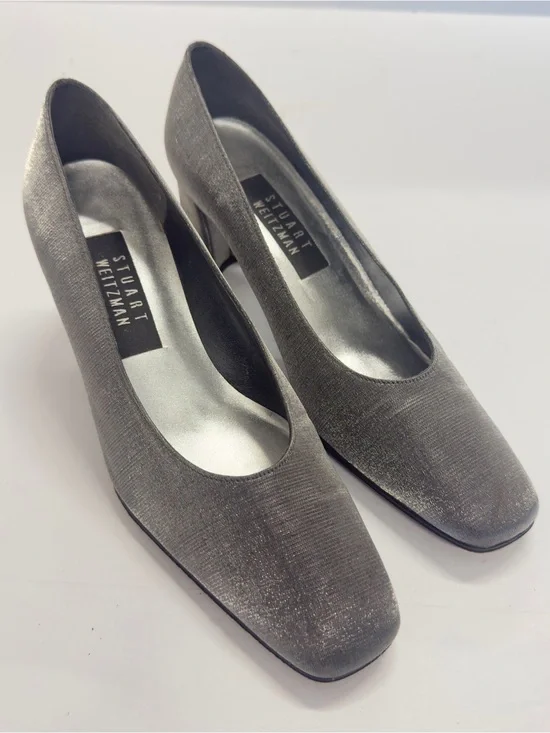 Vintage 90s Stuart Weitzman 'Anna' Pewter Metallic Block Heel Pumps Size 7