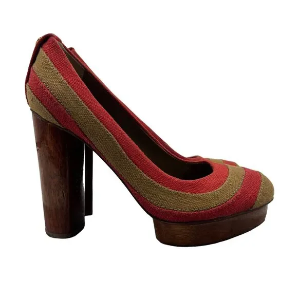 Tory Burch Joelle Platform Pump Womens 8 Linen Patchwork Wood Heel Round Toe