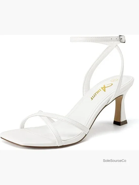 Kitten Heels Square Open Toe Strappy Heeled Sandals Ankle Strap Dress Heels