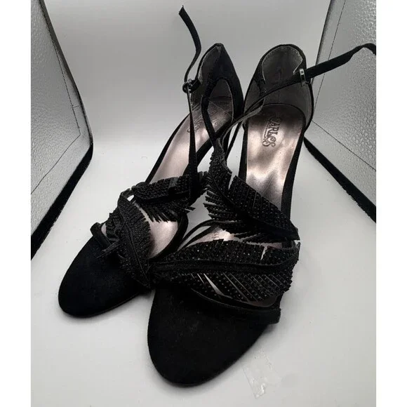 🖤👠 Carlos Santana Women's Black Leather Heels with Feather Accents | Size 6 ✨