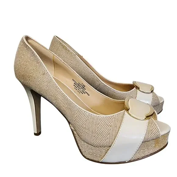 Nine West Women Shoes, Beige & Cream Fabric Print Peep Toe High Heel Pumps, 7.5M