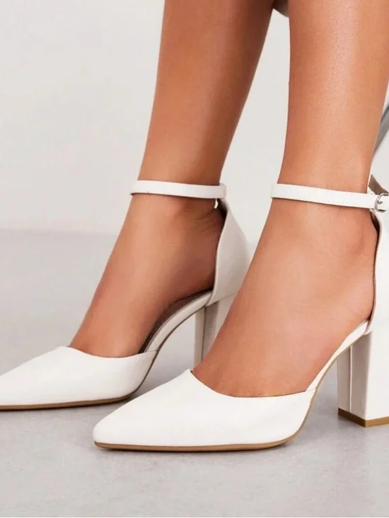 Women's White Ankle-Strap Block Heel Pumps