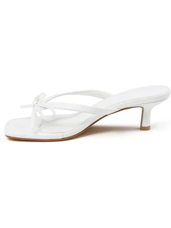Women's White Summer Square Toe Cute Bow Thong Slip On Flip Flop Kitten Heel
