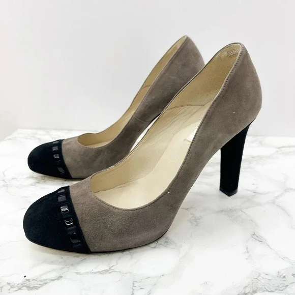 L.K. Bennett Suede Cap Toe Pumps Women EU 39/US 9 Taupe‎ Black Heels Spain