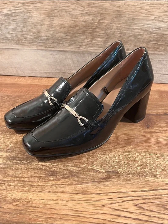 Naturalizer Wynrie Black Patent Leather Heeled Loafer Bit Pumps