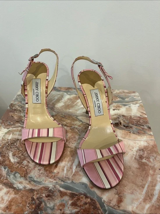 Jimmy Choo Pink and Cream Striped Slingback Heels