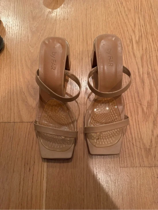 BY FAR Tanya Beige Strappy Block Heel Sandals