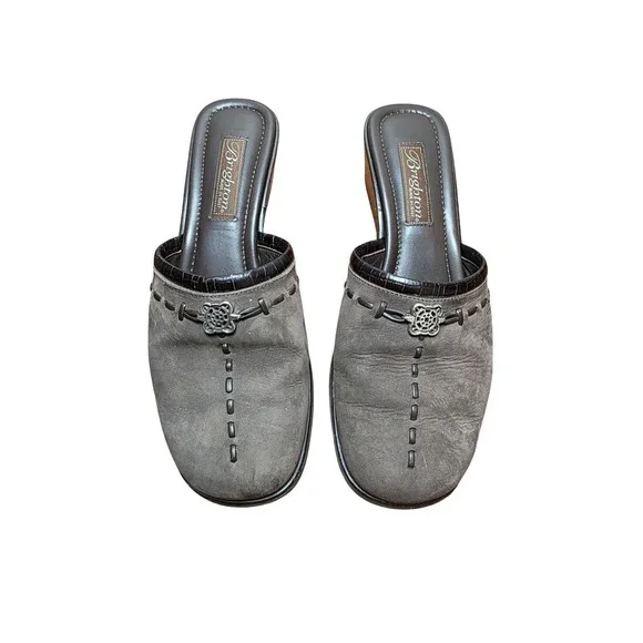 Brighton Women's 7.5 Brown Suede Slip-On Wedge‎ Mules Metal Accent Made In Italy