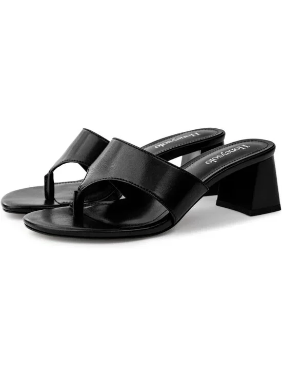 Women's Black Faux Leather Summer Comfortable Square Open Toe Thong Low Heels