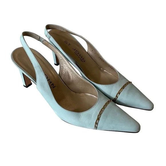 St. John Slingback Heel Nappa Leather Pointed Toe‎ Light Blue Gold Chain Italy 7