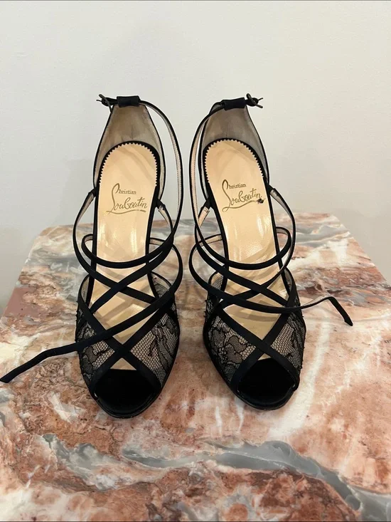 Christian Louboutin Black Lace Strappy Stiletto Sandals