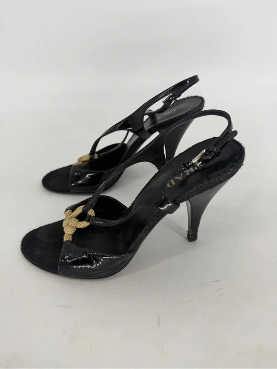 Authentic Prada Black Calf T-Strap Loop Chain lSlingback Sandal Size 38.5