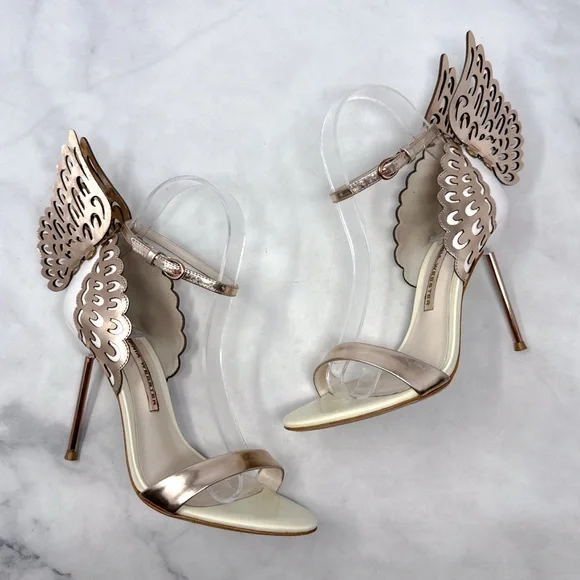 Sophia Webster Evangeline Butterfly Angel Wing Rose Gold Leather Sandal Heels 37