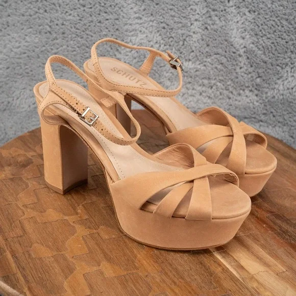 Schutz Keefa Suede High Platform Chunky Block Heel Sandals | Honey Beige Size 7B