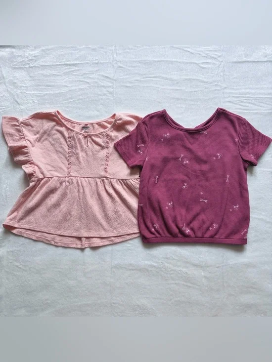 OshKosh Girls 6/6X Short Sleeve Shirt Lot - Waffle Knit Flare Blouse, 2pc Bundle