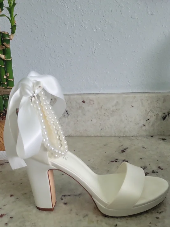 Ivory Pearl-Accent Block Heel Sandal with Satin Ankle Tie