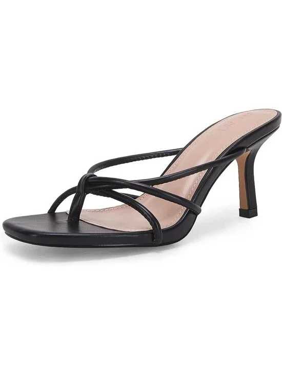 Women’s Black Faux Leather Square Open Toe Flip Flops Strappy Thong Mule Sandals