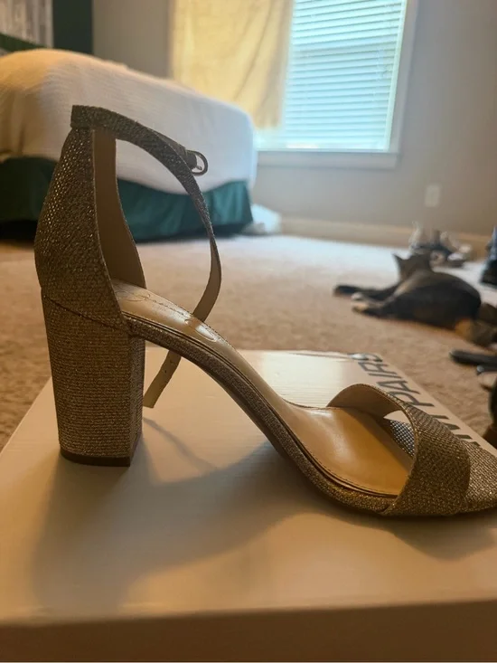 Jessica Simpson Gold Glitter Block Heel Sandals with Ankle Strap