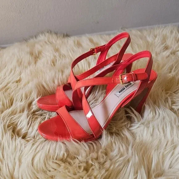 Miu Miu Orange Patent Leather Strappy Heels Size 39