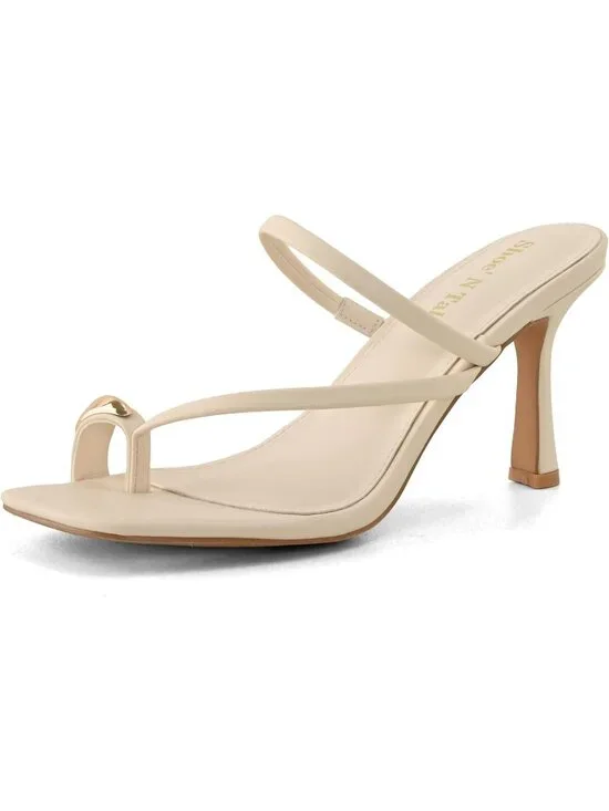 Women's Off-White Summer Open Square Toe Slip On Thong Strappy Stiletto Heels