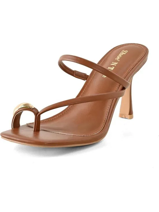 Women's Brown Summer Open Square Toe Slip On Thong Strappy Stiletto Mule Heels
