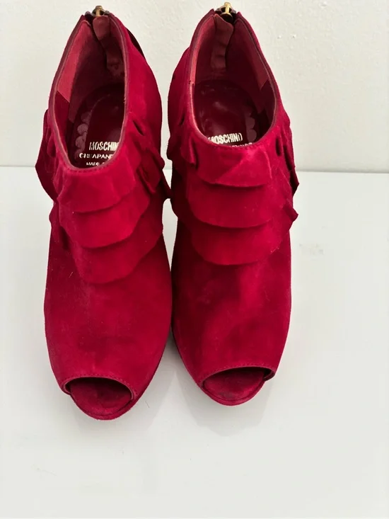 Moschino Magenta Suede Peep-Toe Mules with Layered Ruffle
