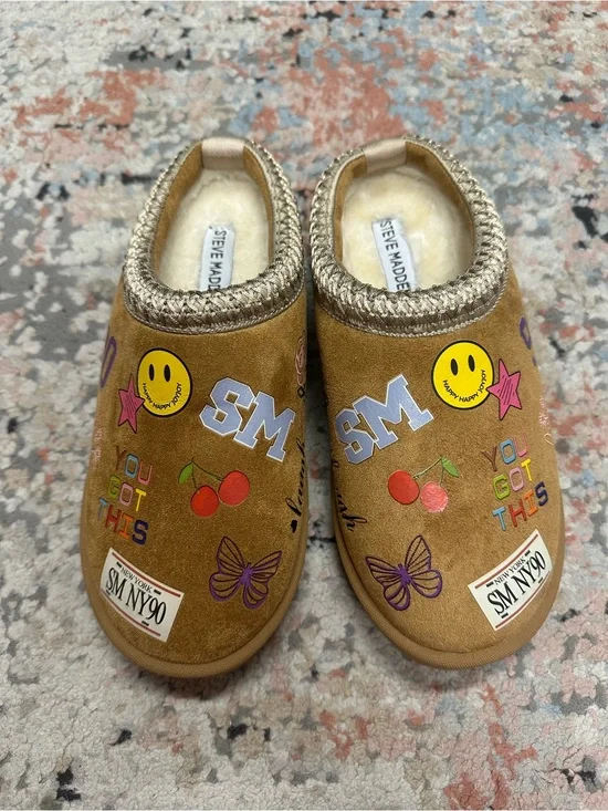 Steve Madden Tan Suede Graphic Patch Clog Mules