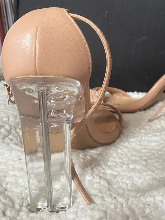 Liliana Nude Clear Lucite Heel Strappy Sandals