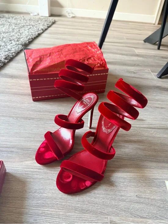 Rene Caovilla Red Velvet Spiral-Strap Stiletto Sandals